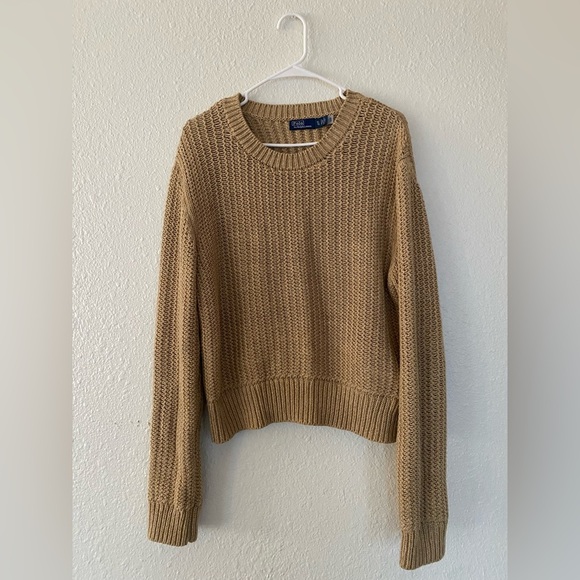 Polo Ralph Lauren Openwork Cotton-Blend Women's Tan Camel Crew Neck Sweater - Picture 2 of 5